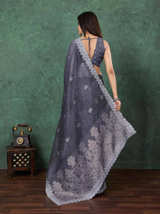 Grey Cotton Banarasi Printed Saree With Thread Embroidery Scalloping  Saree With Blouse Piece