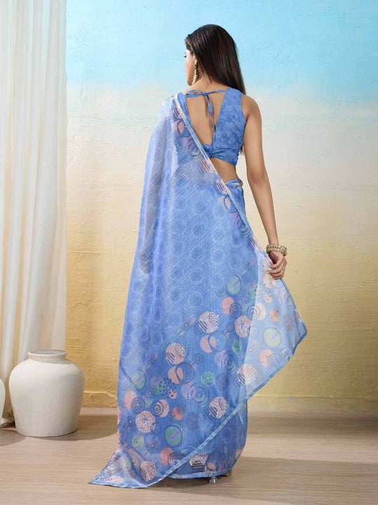 Blue Organza Zari Woven Printed Saree With Hand-Sequence Embellishment Saree With Blouse Piece