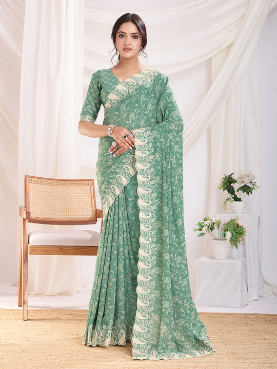 Sea Green Poly Georgette Festive Wear Saree With Blouse Piece