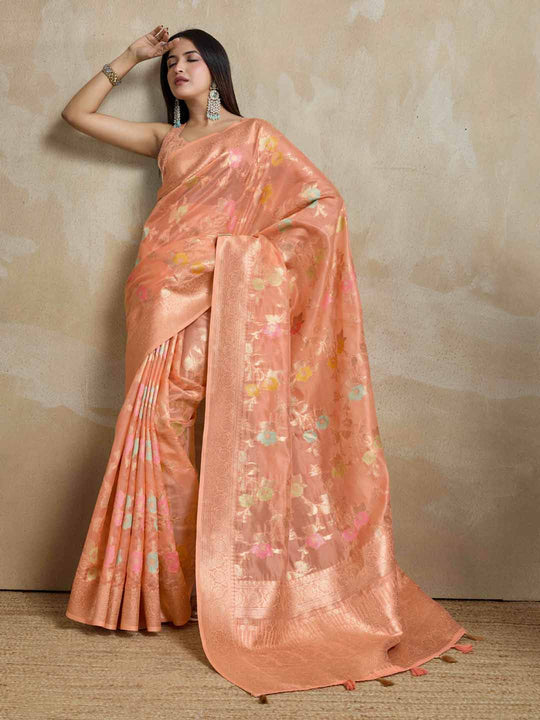 Peach Organza Banarasi Woven Rich Pallu With Blouse Piece