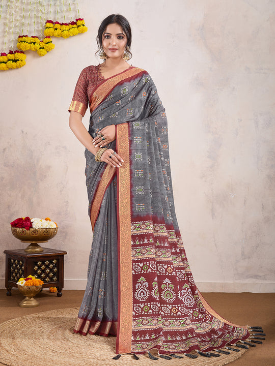 Grey Poly Crepe Festive Wear Saree With Blouse Piece