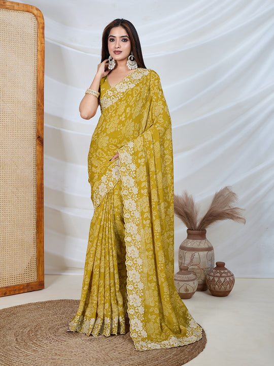 Poly Georgette Geometric Print Saree With Embroidery And Scaloping Work With Unstitched Blouse Piece