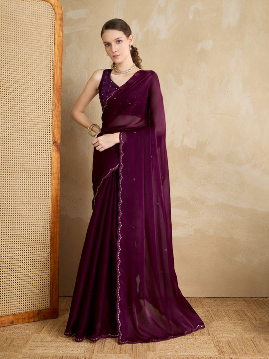 Embellished Mirror Work Organza Saree With Blouse Piece