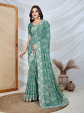Poly Georgette Geometric Print Saree With Embroidery And Scaloping Work With Unstitched Blouse Piece