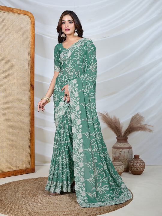 Poly Georgette Geometric Print Saree With Embroidery And Scaloping Work With Unstitched Blouse Piece