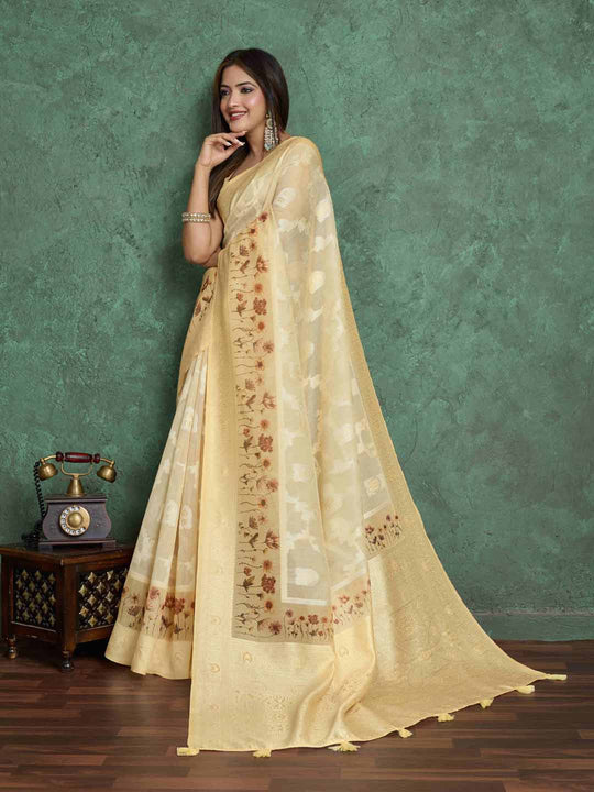 Yellow Pure Cotton Lucknowi Woven Printed Saree With Tassels Saree With Blouse Piece
