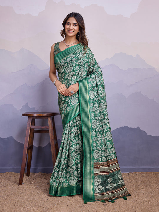 Teal Poly Silk Festival Saree With Blouse Piece