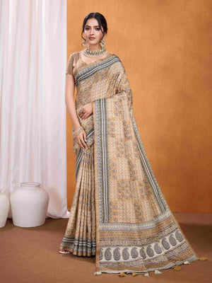 Beige Pure Tussar Silk Ajrakh Block Printed With Blouse Piece