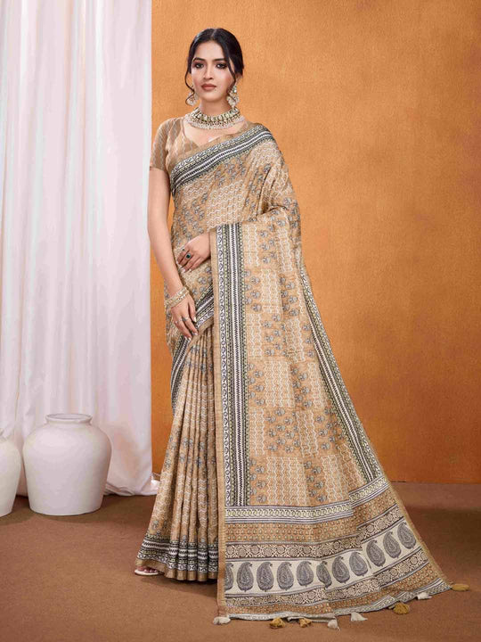 Beige Pure Tussar Silk Ajrakh Block Printed With Blouse Piece