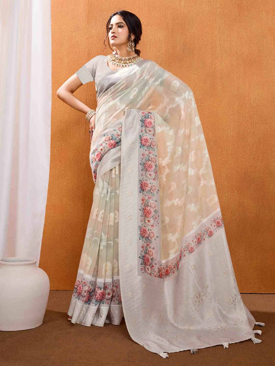 Grey Pure Cotton Lucknowi Woven Banarasi Saree With Ombre Floral Prints