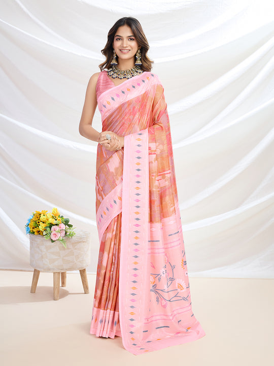 Coral Handloom Silk Festive Wear Saree With Blouse Piece