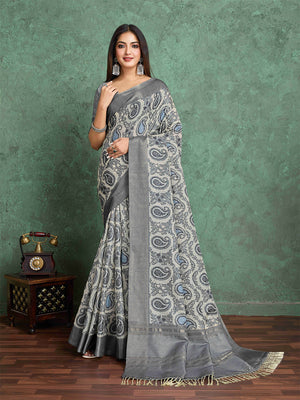 Offwhite Pure Handloom Tussar Woven Pallu Ajrakh Printed With Blouse Piece