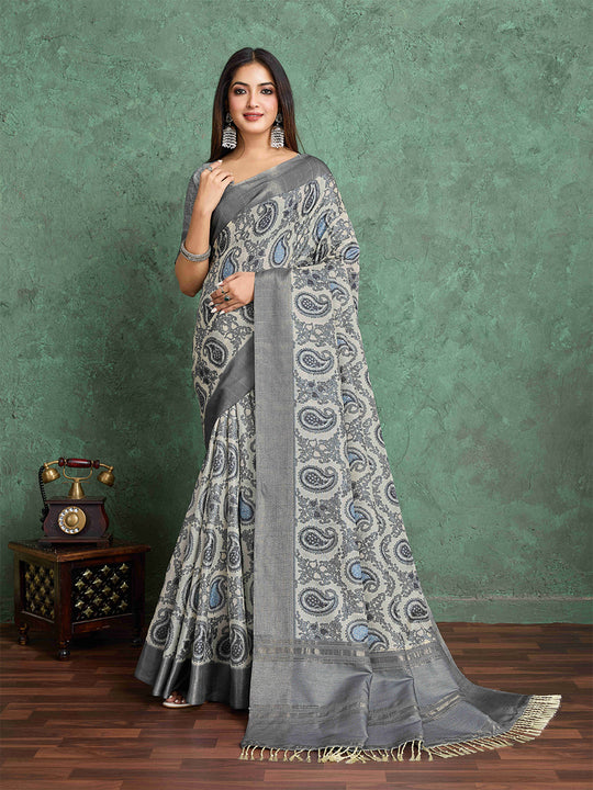 Offwhite Pure Handloom Tussar Woven Pallu Ajrakh Printed With Blouse Piece