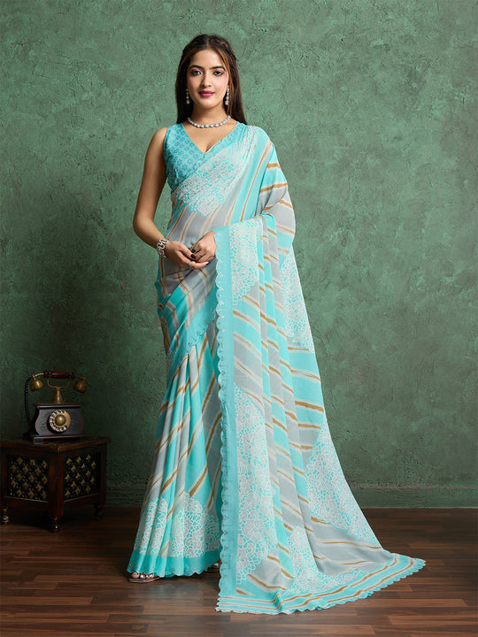 Poly Chiffon Leheriya Printed Saree With A Floral Touch And Swaroski Work With Scalloping
