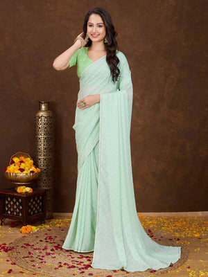 Mintgreen Crepe Georgette Gold Foil Embellished Printed Saree With Blouse Piece