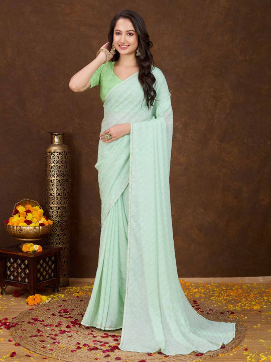 Mintgreen Crepe Georgette Gold Foil Embellished Printed Saree With Blouse Piece