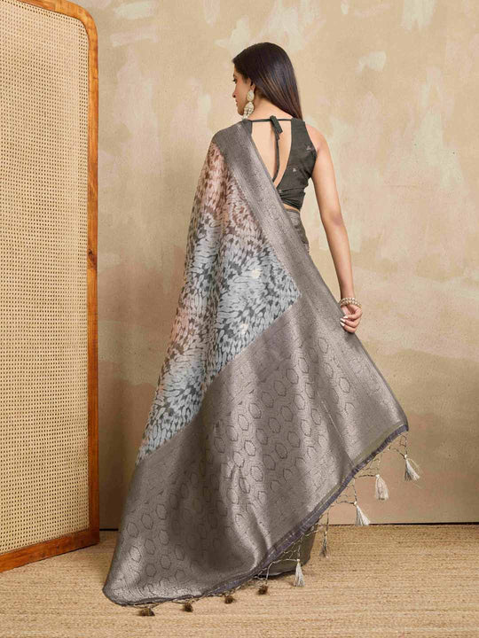 Grey Pure Cotton Tie And Dye Printed Banarasi Rich Pallu Saree With Zari Tassels Saree With Blouse Piece
