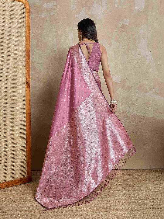 Onion-Pink Pure Satin Banarasi Saree With Tassels Saree With Blouse Piece