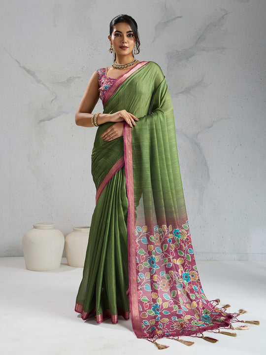 Pure Chiffon Digital Printed Woven Saree With Woven Border And Fancy Tassels