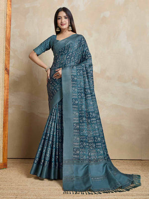 Blue Pure Handloom Tussar Woven Pallu Ajrakh Printed With Blouse Piece