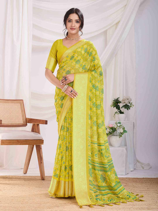 Green Pure Chiffon Viscose Border Block Printed Saree With Blouse Piece