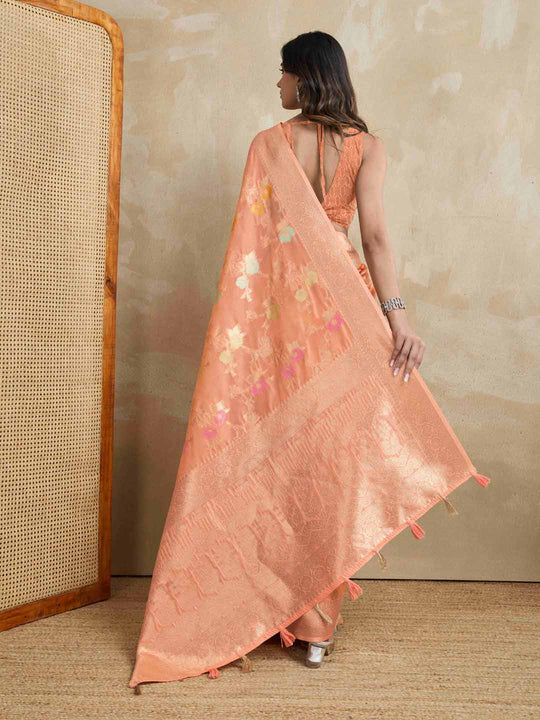 Peach Organza Banarasi Woven Rich Pallu With Blouse Piece