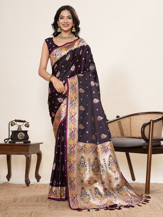 Maroon Soft Silk Sarees Premium Two Tone Satin Fabric With Unique Pathani Designs Saree With Blouse Piece