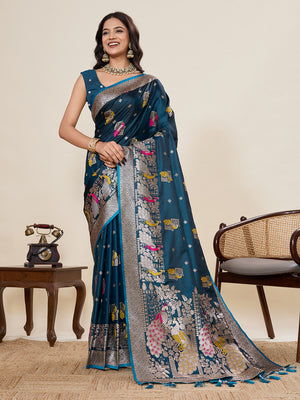 Teal Blue Soft Silk Sarees Premium Two Tone Satin Fabric With Unique Pathani Type Designs Saree With Blouse Piece