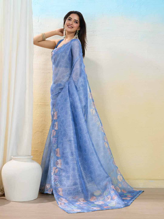 Blue Organza Zari Woven Printed Saree With Hand-Sequence Embellishment Saree With Blouse Piece