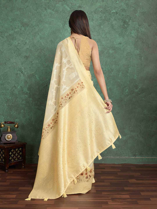 Yellow Pure Cotton Lucknowi Woven Printed Saree With Tassels Saree With Blouse Piece