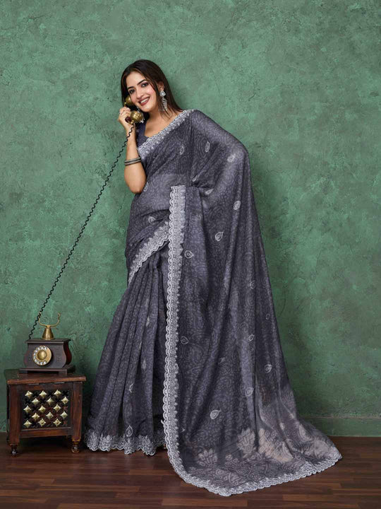 Grey Cotton Banarasi Printed Saree With Thread Embroidery Scalloping  Saree With Blouse Piece
