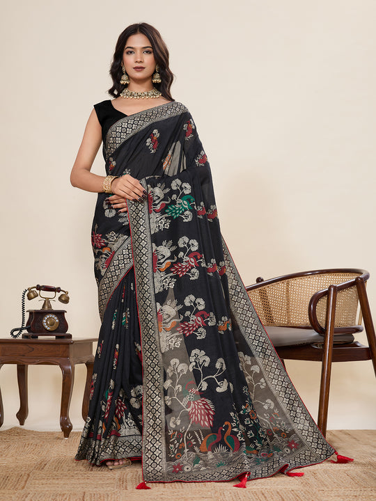 Black Cotton Saree With All Over Light Single Colour With Table Printed And Border Piping Saree With Blouse Piece