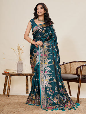 Teal Green Soft Silk Sarees Premium Two Tone Satin Fabric With Unique Pathani Type Designs Saree With Blouse Piece