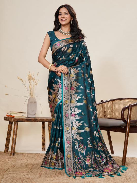 Teal Green Soft Silk Sarees Premium Two Tone Satin Fabric With Unique Pathani Type Designs Saree With Blouse Piece