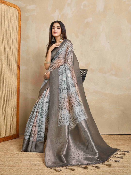 Grey Pure Cotton Tie And Dye Printed Banarasi Rich Pallu Saree With Zari Tassels Saree With Blouse Piece