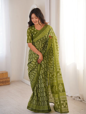Soft Pure Cotton Hand Bagru Print Sarees With Blouse Pice