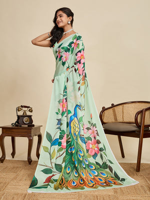 Mint Green Chinon Saree All Over Single Colour Printed Saree With Blouse Piece
