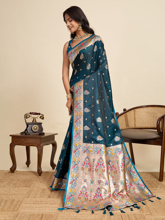 Teal Blue Soft Silk Sarees Premium Two Tone Satin Fabric With Unique Pathani Designs Saree With Blouse Piece
