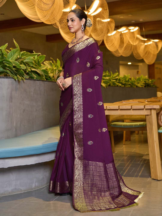 Violet Chinon Soft Silk Saree With Blouse Piece