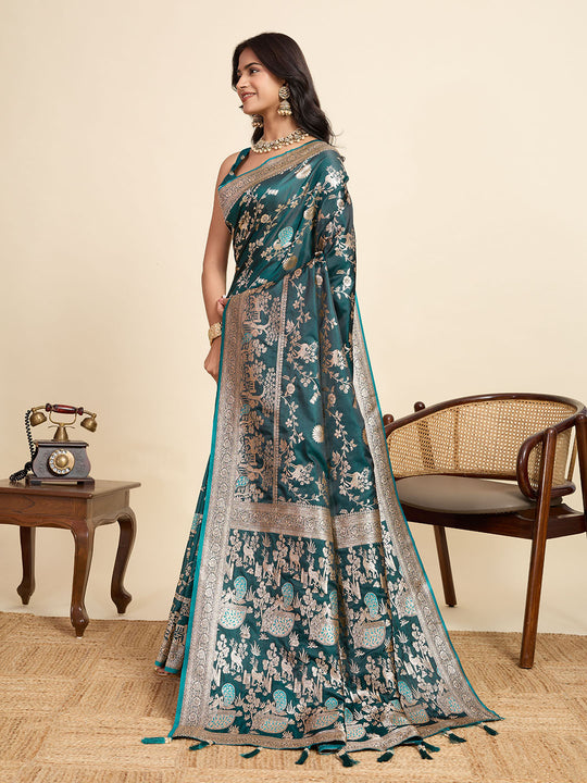 Teal Green Soft Silk Sarees Premium Two Tone Satin Fabric With Unique Designs Saree With Blouse Piece
