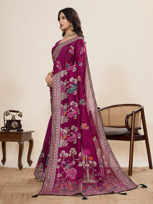 Violet Cotton Saree With All Over Light Single Colour With Table Printed And Border Piping Saree With Blouse Piece