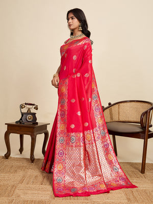 Pink Pure Jacquard Fabrics With Sona Chandi Pure Zari Work Saree With Blouse Piece