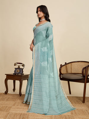 Sage Green Linen Saree With Jari Border All Over Single Colour Printed Saree With Blouse Piece