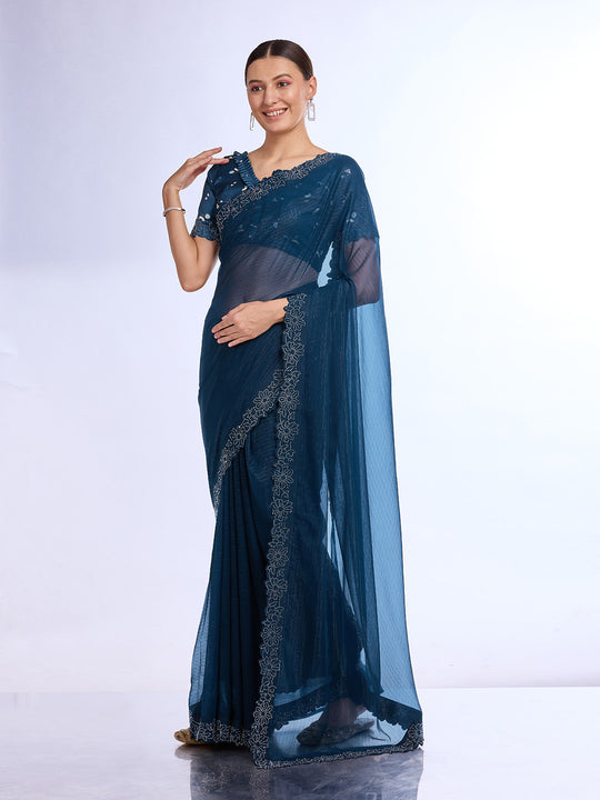 Blue Georgette Saree With Blouse Piece