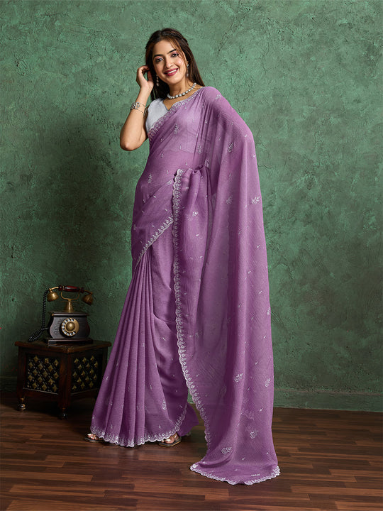 Pure Georgette Solid Embroidered Saree With Scalloping And Fancy Blouse