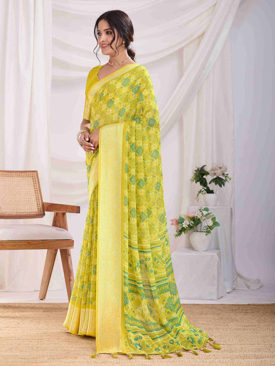Green Pure Chiffon Viscose Border Block Printed Saree With Blouse Piece