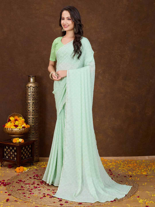 Mintgreen Crepe Georgette Gold Foil Embellished Printed Saree With Blouse Piece