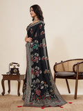 Black Cotton Saree With All Over Light Single Colour With Table Printed And Border Piping Saree With Blouse Piece