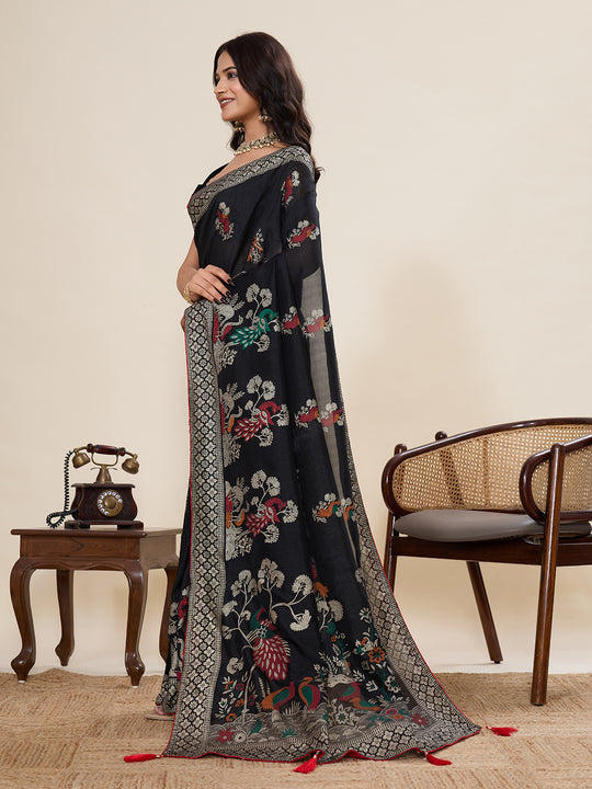 Black Cotton Saree With All Over Light Single Colour With Table Printed And Border Piping Saree With Blouse Piece