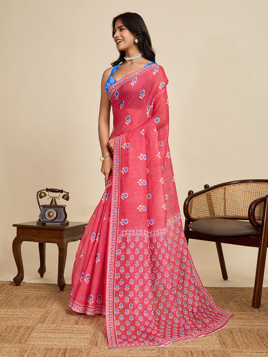 Red Linen Saree With Jari Border All Over Single Colour Printed Saree With Blouse Piece